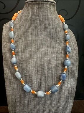 Blue and Orange Agate Gemstone Beaded Necklace - Women Jewelry